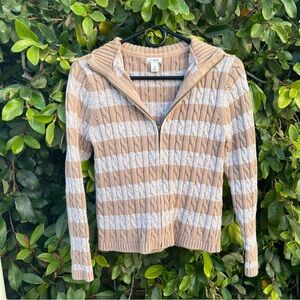 L.L. Bean cute cream and tan striped full zip up sweater